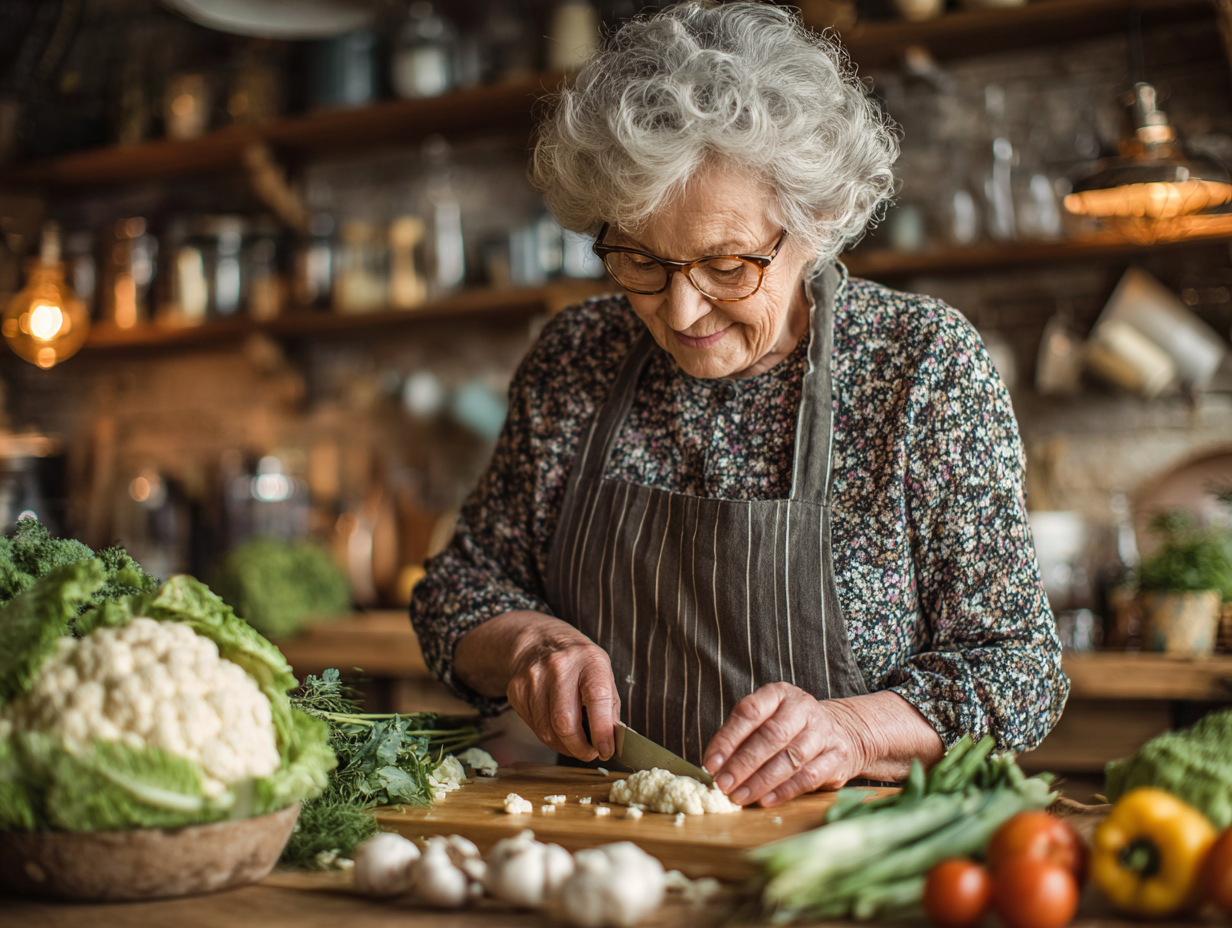 Щаслива пара старшого віку готує разом здорову їжу на кухні